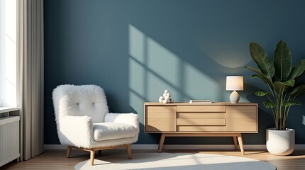 Serene mid century modern living room corner with plush white armchair wooden sideboard and lush green plant bathed in warm sunlight