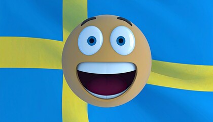 A cheerful, animated emoji grins widely against a gently waving national flag backdrop. 