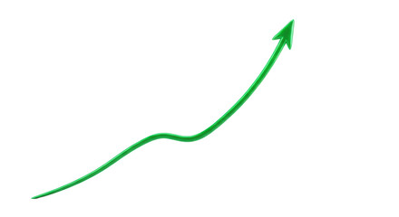 Bright emerald green, sleek, glowing curvilinear line graph with an upward trajectory, on a transparent background with copy space. Concept of continuous progress and prosperity