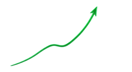 Bright emerald green, sleek, glowing curvilinear line graph with an upward trajectory, on a transparent background with copy space. Concept of continuous progress and prosperity