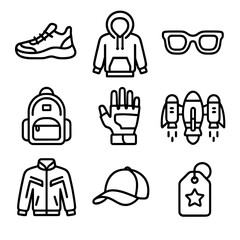 Wearable NFT Icons. Outline style icon of Wearable NFT Fashion: sneaker drop, hoodie hoodie, sunglasses, backpack, VR glove,
