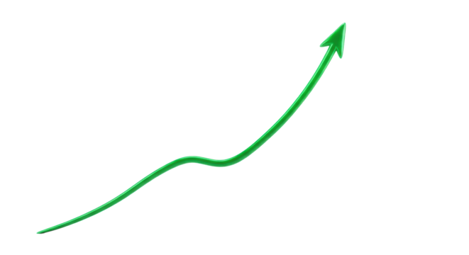 Bright emerald green, sleek, glowing curvilinear line graph with an upward trajectory, on a transparent background with copy space. Concept of continuous progress and prosperity