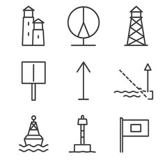 Fototapeta premium Harbor Aids Outline Icons. Outline style icon of Harbor Approach Aids: leading lights pair, sectored light range, day beacon tower