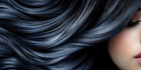 Naklejka premium Close up view of flowing dark blue hair with soft waves and glossy shine against black background, partial view of feminine face with natural makeup.