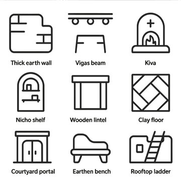 Adobe Home Features Icons. Outline style icon of Adobe Home Features: thick earth wall, vigas beam, kiva fireplace, nicho shelf,