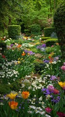 A vibrant garden path, blossoming with colorful flowers and lush greenery