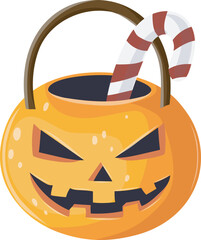 A pumpkin-shaped trick or treat bag with a candy cane