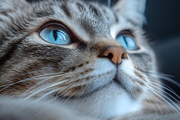 Close up portrait of gray cat with bright blue eyes looking up, soft focus macro shot capturing detailed fur texture and whiskers against dark background.
