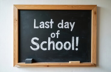 Fototapeta premium Chalkboard announces Last Day of School. with bold white letters. Signifies end of academic year, school closure, and start of vacation. Wooden frame borders message. Celebration, graduation, freedom.