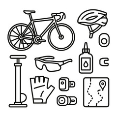 Obraz premium Cycling Commute Essentials. Outline style icon of Cycling Commute Warm-Up: road bike, helmet clip, cadence sensor, tire pump,