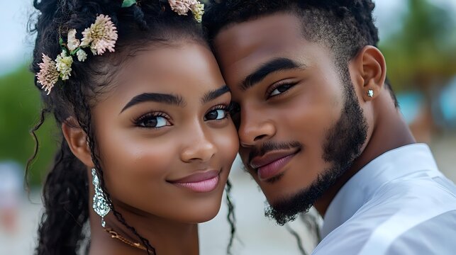 Young African American couple in romantic embrace, bride wearing floral crown and earrings, groom with neat beard, sharing intimate moment during outdoor wedding celebration. - Powered by Adobe