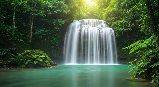 Majestic waterfall cascading into a serene turquoise pool surrounded by lush green tropical forest
