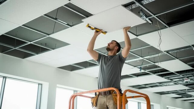 Master installs suspended ceiling with precision and care in modern workspace