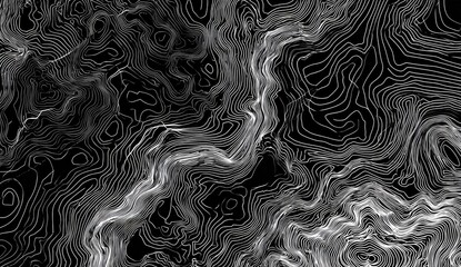Abstract topographic map, grayscale lines on black background.  Complex, flowing, wavy lines create a sense of depth and elevation.  Light gray lines overlay dark, detailed contours