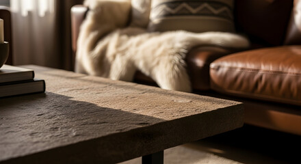 Cozy living room interior with leather sofa and wooden coffee table in warm sunlight