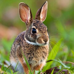 Fototapeta premium A close-up view of a small, adorable rabbit, nestled amidst vibrant green grass, showcasing its soft brown and white fur.