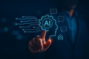 Businessman Touching AI Hologram with Human Head and Futuristic Digital Technology.