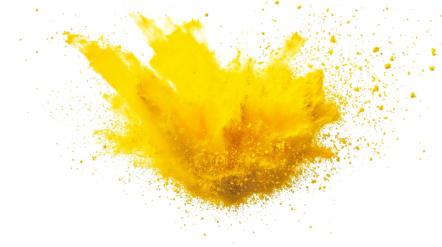 vibrant yellow dust powder explosion isolated on background, colorful festive background PNG