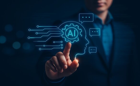 Businessman Touching AI Hologram with Human Head and Futuristic Digital Technology.