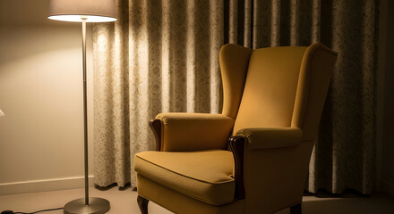 Cozy living room scene featuring a comfortable armchair and a floor lamp with a shade