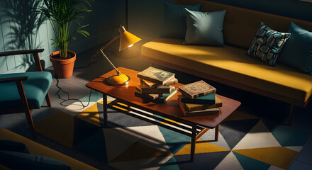 Cozy Living Room Scene Featuring Books, Lamp, And Stylish Retro Aesthetic Elements