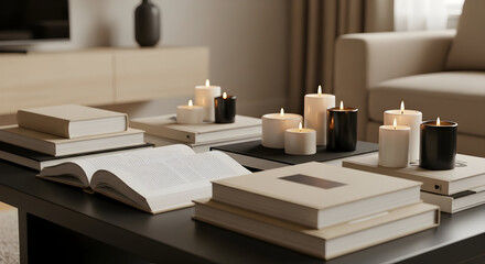 Cozy Living Room Scene Featuring Burning Candles, Books, And Modern Home Decor Style