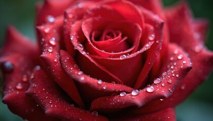 Macro shot of vibrant red rose covered in delicate water droplets. Dewy petals show intricate texture, freshness, natural beauty. Perfect for romance, love, garden themes, bloom signifies elegance,