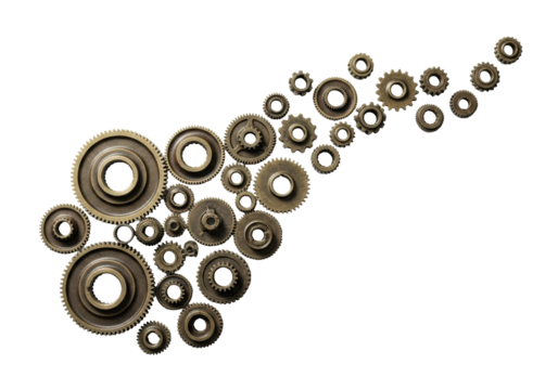 Aged, oxidized brass gears, various sizes, deep patina, worn, on a transparent background with soft studio light, an industrial macro flat lay still life. Concept of mechanical history