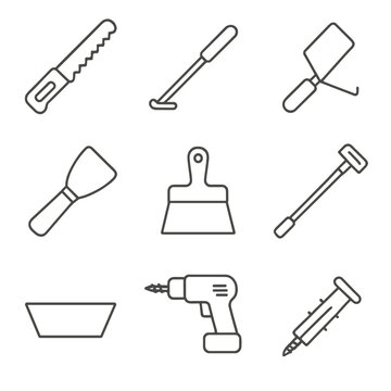 Drywall Tool Icons. Line style icons of drywall installation tools: drywall saw, panel lifter, corner trowel, joint knife, taping