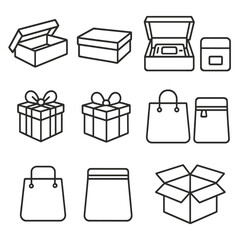 Retail Packaging Icons. Line style icons of open and closed retail packaging: open shoebox, closed shoebox, open electronics box,