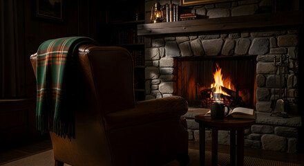 Cozy living room scene with a fireplace and armchair, perfect for relaxation