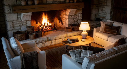 Cozy living room scene with a fireplace, creating a warm and inviting atmosphere for relaxation