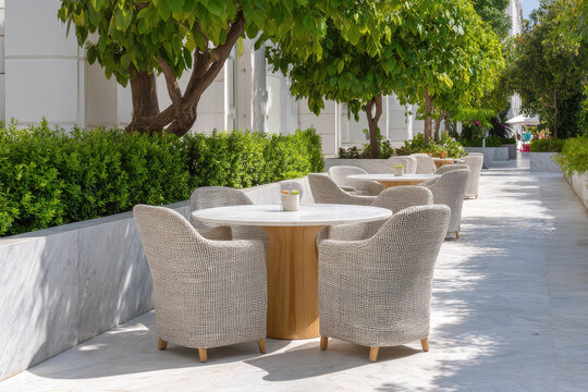 stylish modern outdoor caf featuring circular tables and square chairs with unique designs