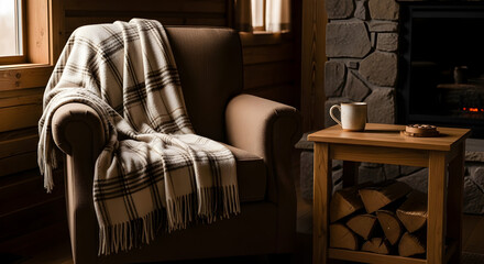 Cozy living room scene with armchair, blanket, coffee, and fireplace creating a relaxation atmosphere