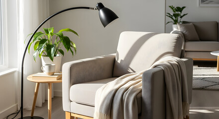 Cozy living room scene with armchair, lamp, plants, and a warm, inviting atmosphere