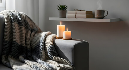 Cozy living room scene with lit candles, blanket, books, and a steaming mug