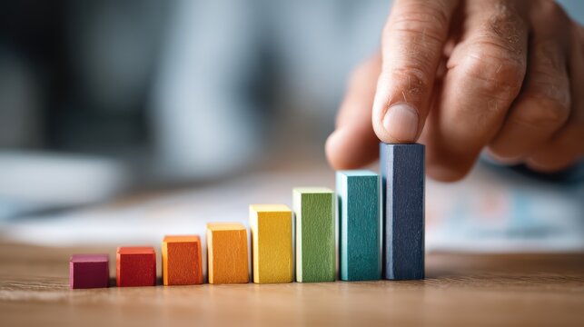 Businessman Pointing at a Colorful Chart, Stacks of Blocks Behind Ideal for Presentations and Business Themes, Evoking A Sense of DecisionMaking.