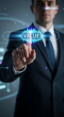 Professional Businessman Touching Glowing Screen Displaying Value Proposition For Modern Business Strategy