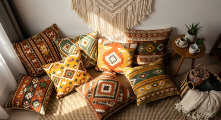 Cozy Living Room Setup with Decorative Pillows and Macrame Wall Hanging, Relaxing Vibe