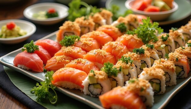 Platter of fresh sushi rolls, nigiri featuring salmon, avocado. Delicious Japanese food assortment perfect for restaurant menus, catering, food blogs, offering visually appealing, tasty culinary