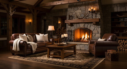 Cozy living room with a fireplace, leather furniture, and warm lighting