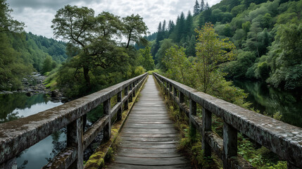 Obraz premium Wooden bridge crossing river in lush green forest landscape 