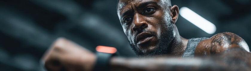 Male Athlete Monitors Fitness Progress While Lifting Weights in Gym with Wearable Technology on Wrist