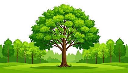 Obraz premium Lush green tree in a grassy field surrounded by a forest