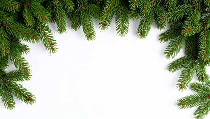 Garland of green fir branches on a transparent background. Vector Christmas decoration in the form of a garland with pine trees and evergreen plants. PNG illustration