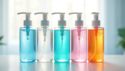 Row of colorful sanitizer or soap dispenser bottles in blue, clear, turquoise, pink, orange arranged on white surface. Clean, minimal composition. Freshness, cleanliness, sterility.