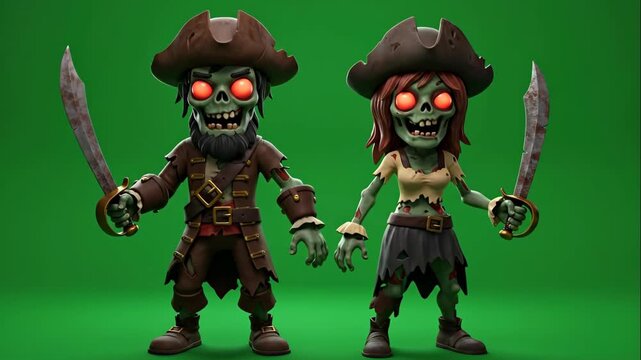 Cartoon Zombie Pirate Couple with Swords - Two adorable 3D-video zombie pirates, a male and a female, brandish cutlasses against a green screen background.