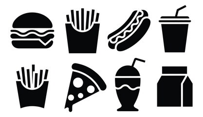 WebDelicious fast food icons including burgers, fries, pizza, hot dogs, and drinks, perfect for menus, apps, and websites