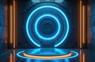Futuristic blue circle gate with glowing neon lights. AI concept, cyberspace, digital network. Abstract, technology design, science, space wallpaper. Computer connection, data flow, communication