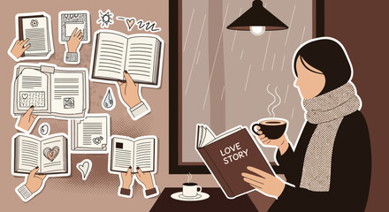 Cozy rainy day with books, coffee, and a love story for a relaxing and peaceful moment